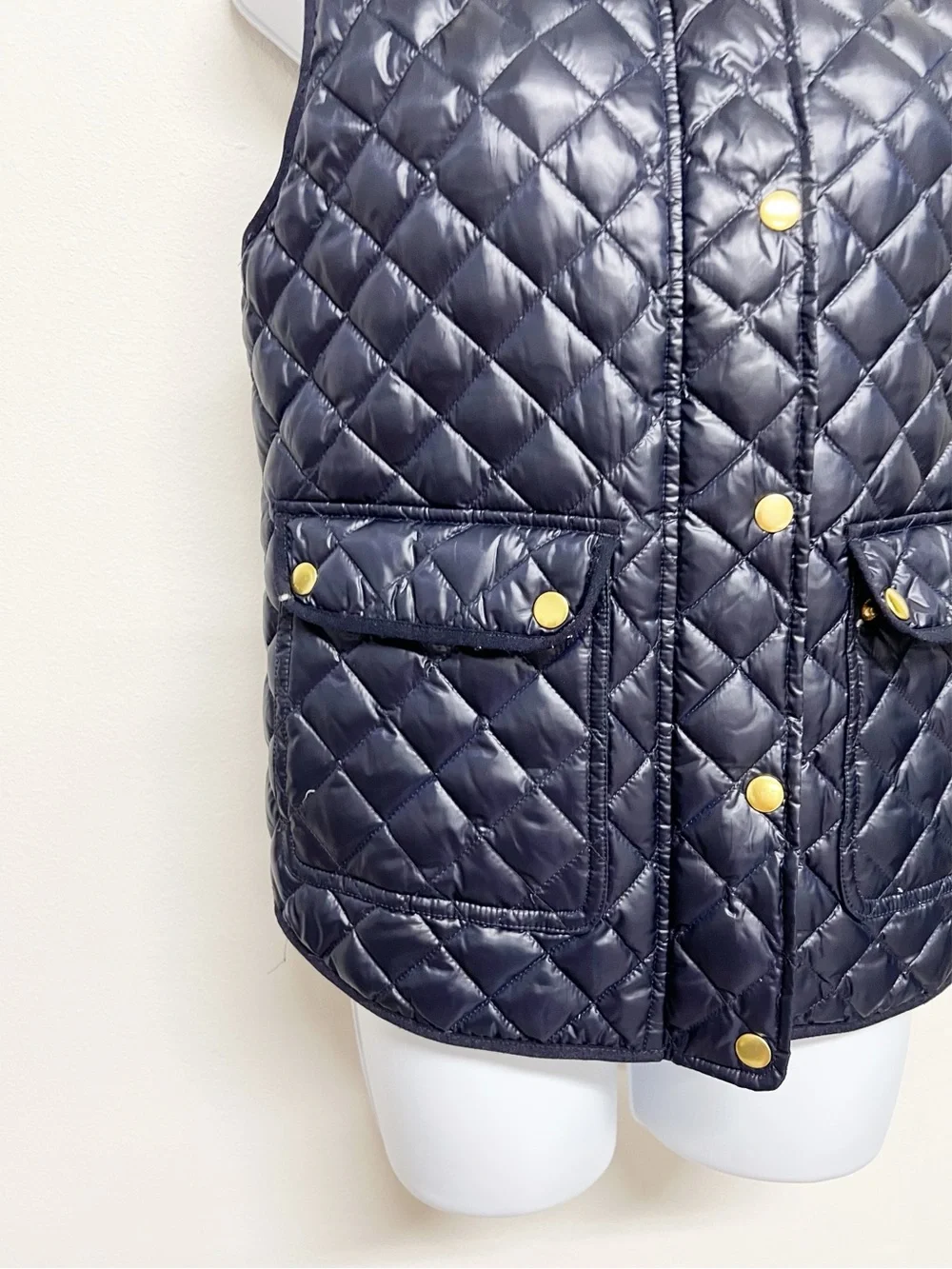 J Crew Womens Classic Navy Diamond Quilted Gold Button Up Puffer Vest Size S